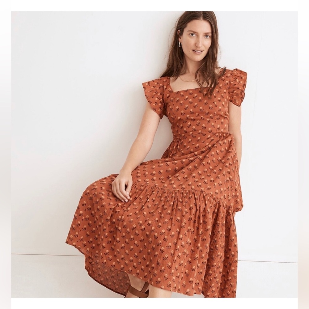 Madewell Brown Midi Sundress with Flutter Sleeves and Square Neck